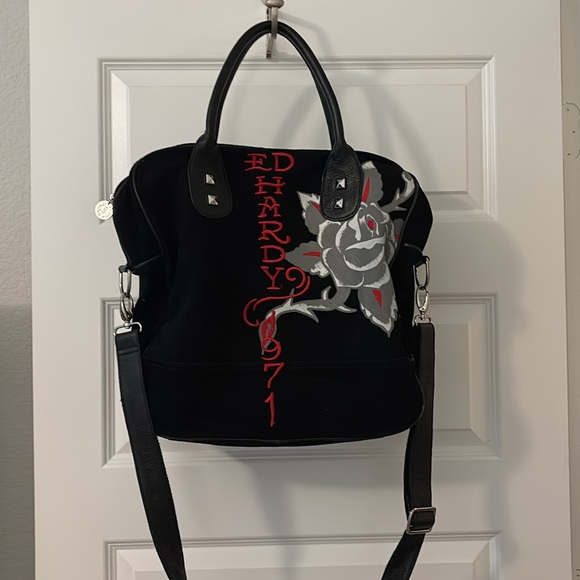VTG Ed Hardy Death & Glory weekender bag black suede leather skull rose design - Picture 2 of 16